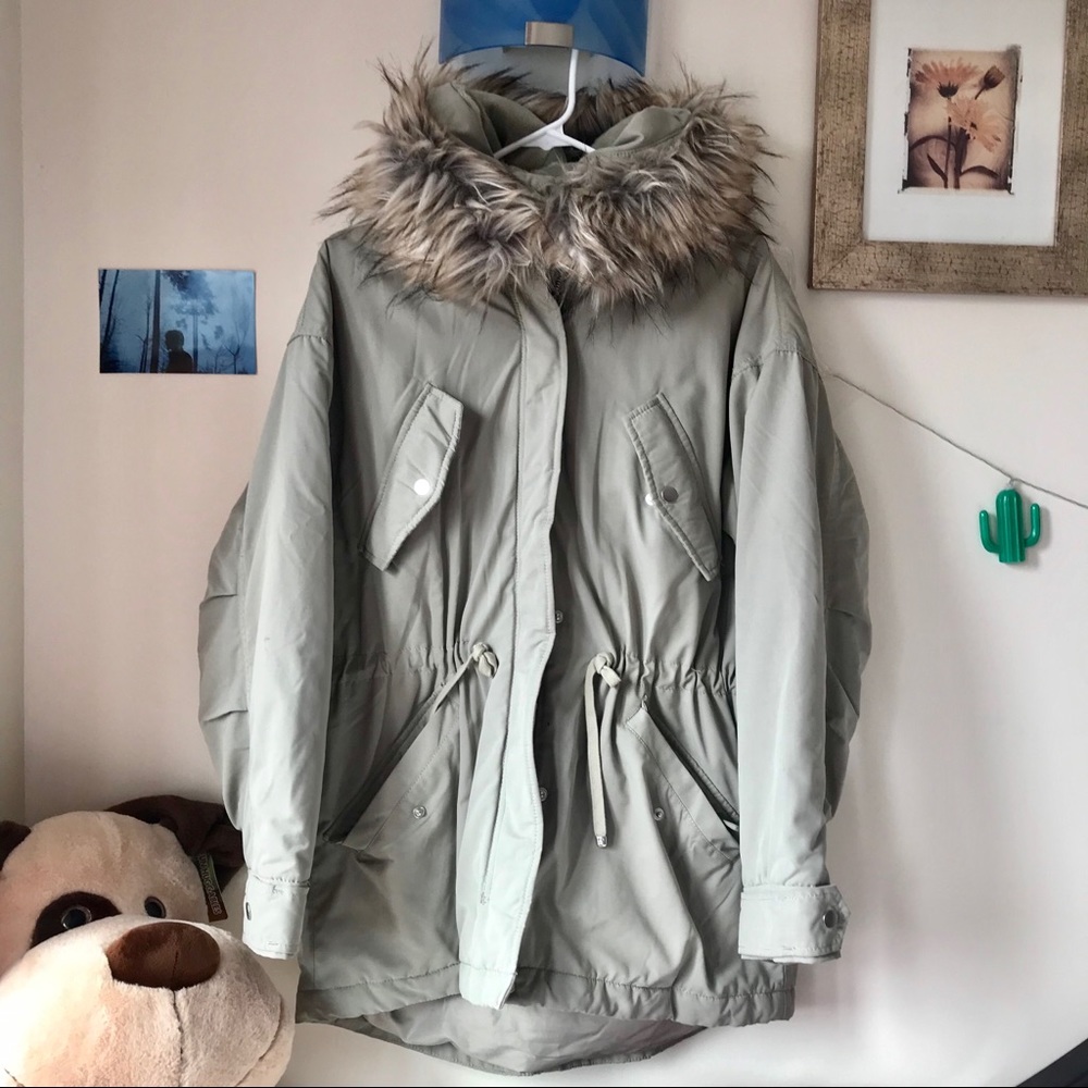 Green sage jacket with faux fur hood